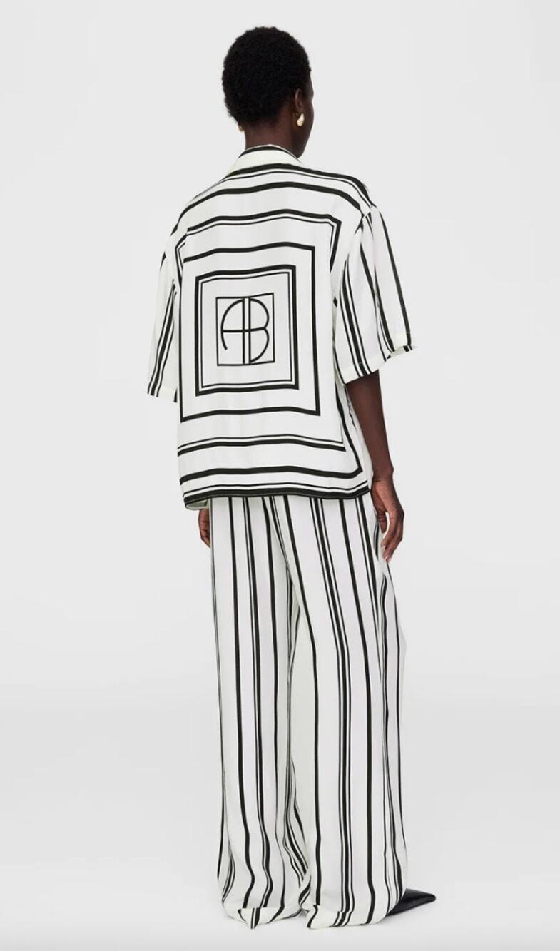 $580 Anine Bing Coco Shirt Elain Pant Ivory and Black Stripe Satin Set - XS